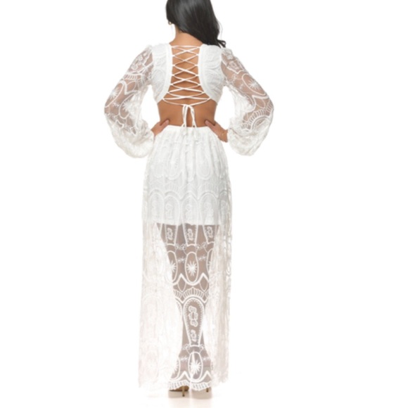 White Cut out Lace Bubble Sleeve Maxi Dress - Picture 4 of 11